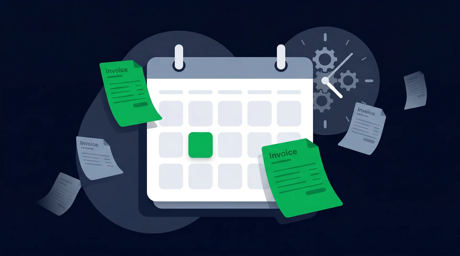 Calendar with payroll date highlighted, surrounded by invoices fading from green to gray